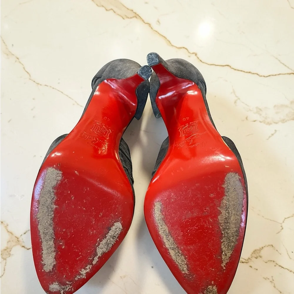 Christian Louboutin Black Suede Ruched T-Strap Pumps